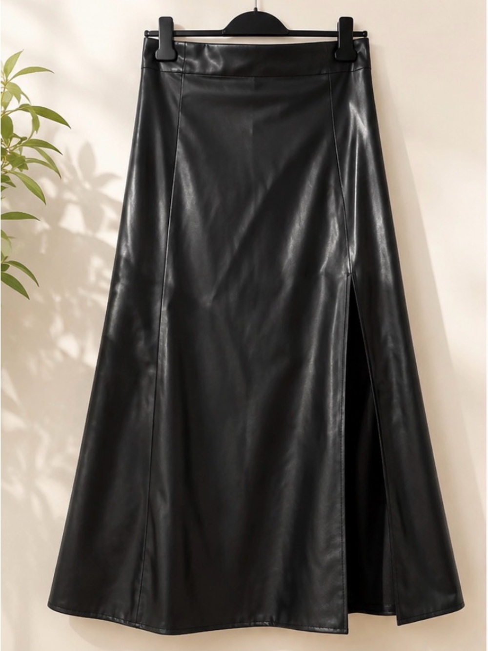 Black Faux Leather High Slit Midi Skirt Size Medium